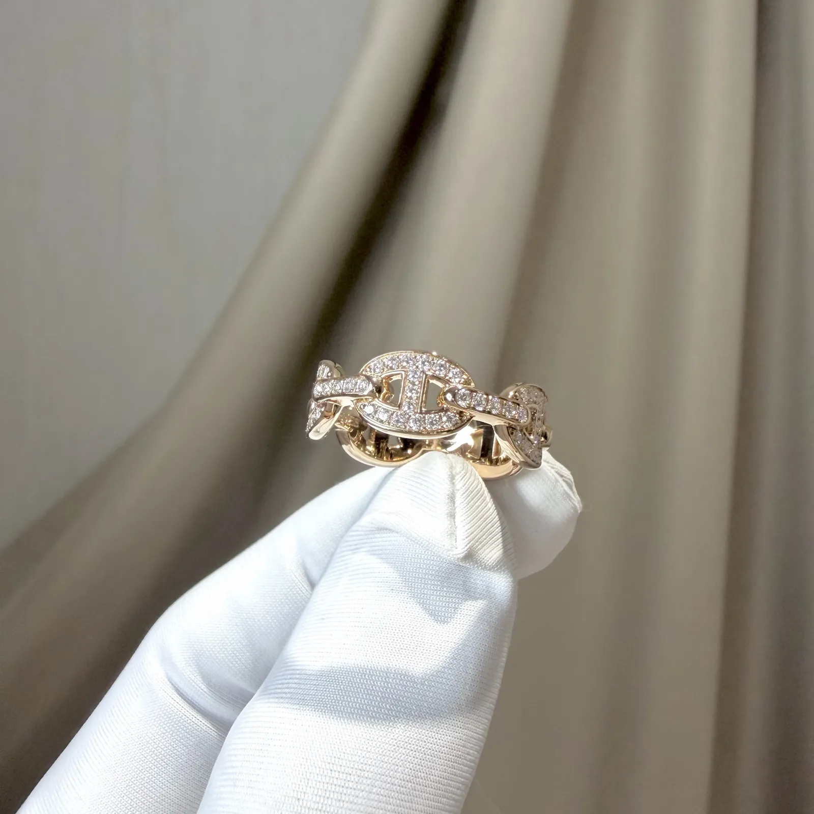 แหวน Hermès Chaîne d'Ancre Enchaînée Ring Small Model Rose Gold 18K Full Diamond Paved Size 54